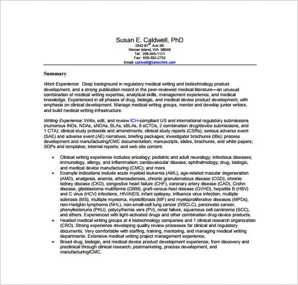 medical writer resume template free pdf