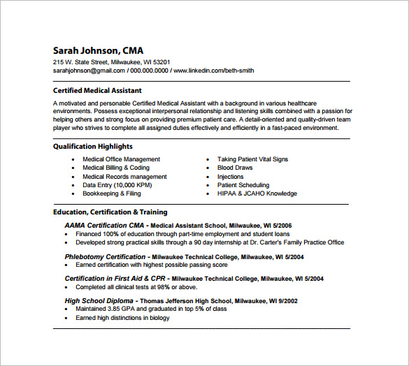 11 Medical Assistant Resume Templates DOC Excel PDF