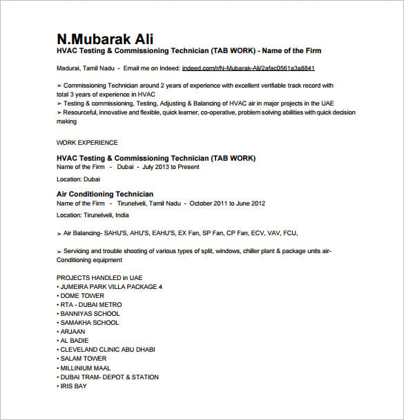 hvac testing commissioning technician resume free pdf