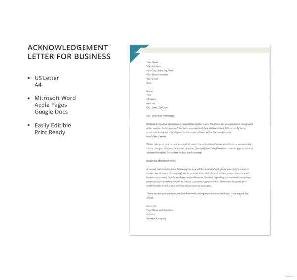 acknowledgement letter for business