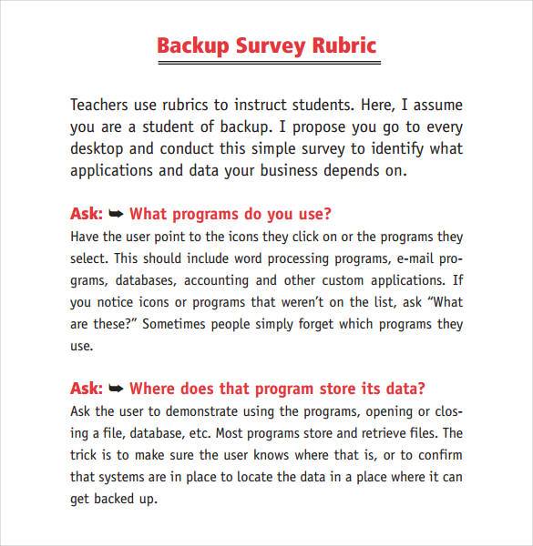 backup survey rubric
