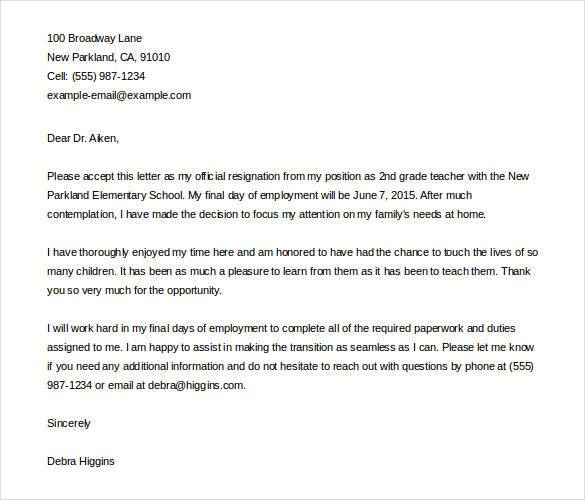 best teacher resign letter