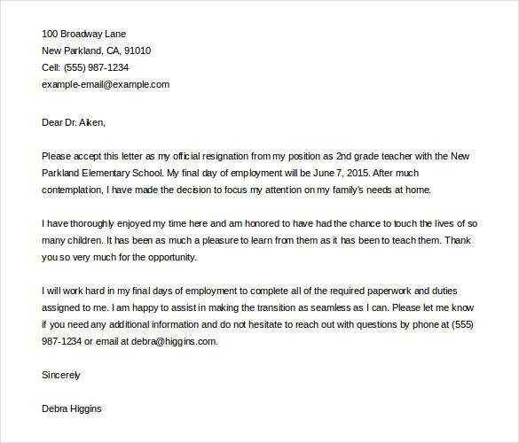 family resign reason Resignation DOC   Letter Teacher  Templates  Free  14 PDF,