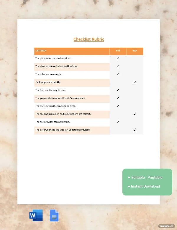 checklist rubric template