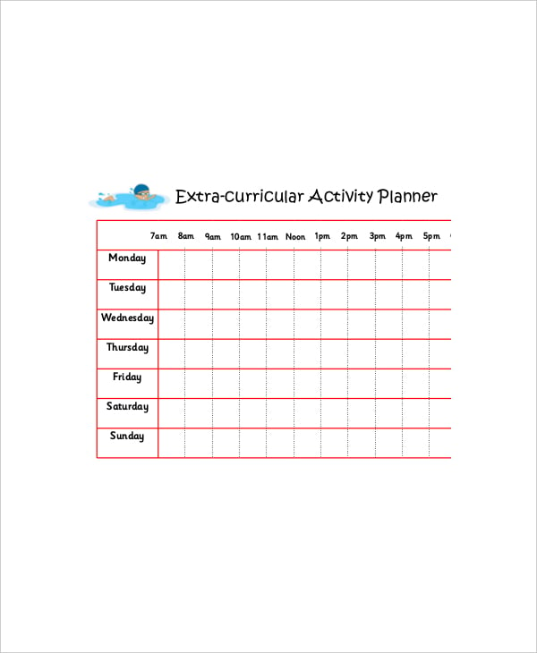 extracurricular activity daily planner template