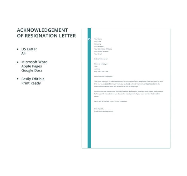 free acknowledgement of resignation letter template