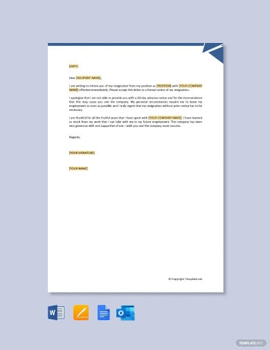 free formal resignation letter without notice period template