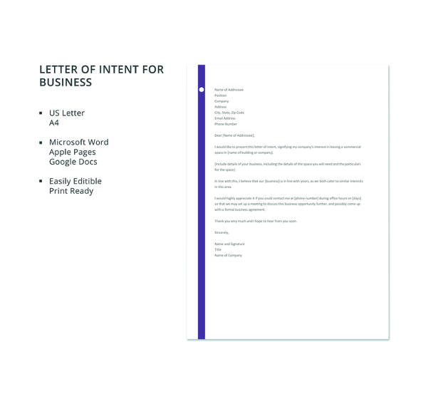 free letter template of intent for business