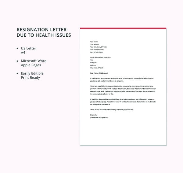 free resignation letter template due to health issues