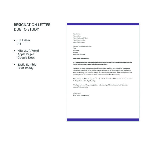 free resignation letter template due to study