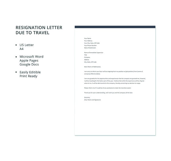 free resignation letter template due to travel