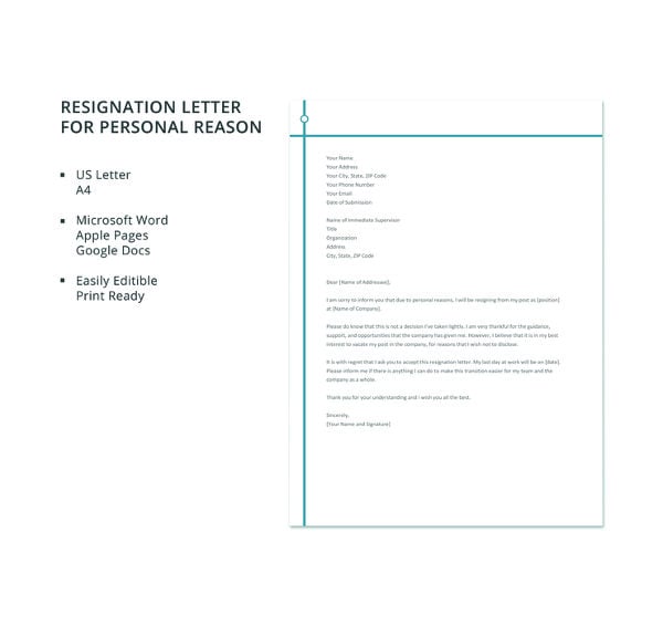 free resignation letter template for personal reason