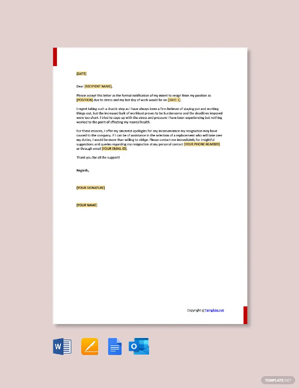 immediate resignation letter due to stress template