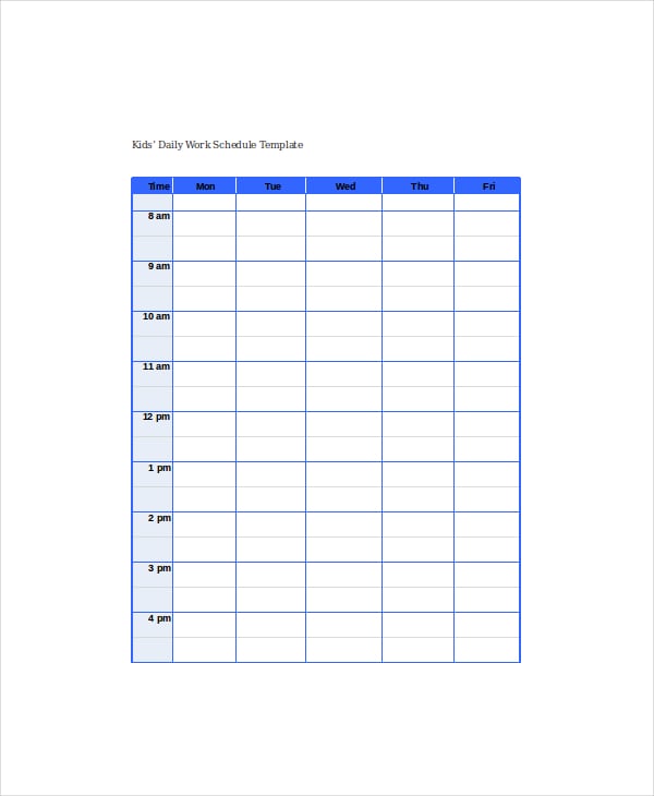 kids’ daily work schedule template