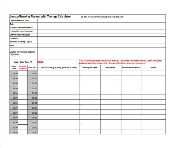 lesson plan template excel