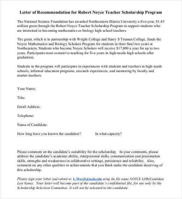 letter of recommendation for teacher scholarship program