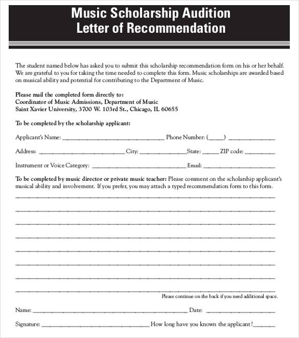 music scholarship audition letter of recommendation