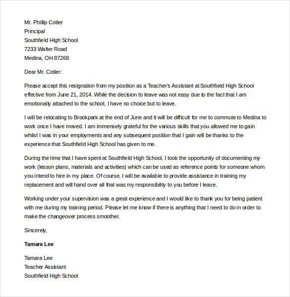 preschool teacher assistant resignation letter sam