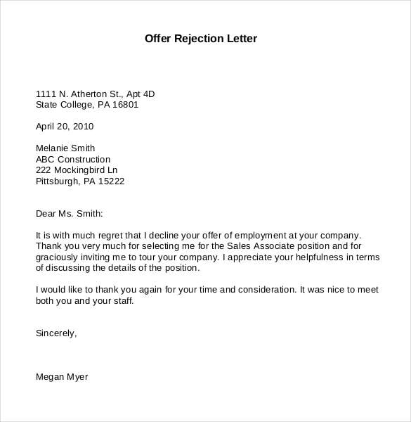 printable offer rejection letter