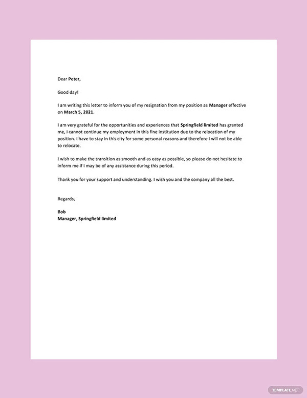 relocation resignation letter template