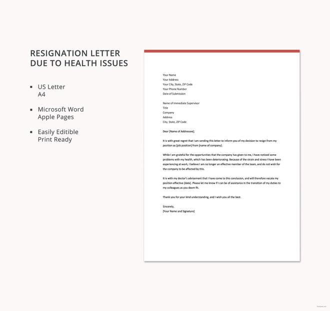 Resignation Letter Example Health Reasons