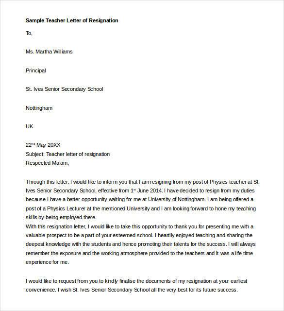 resignation letter model for teacher in doc