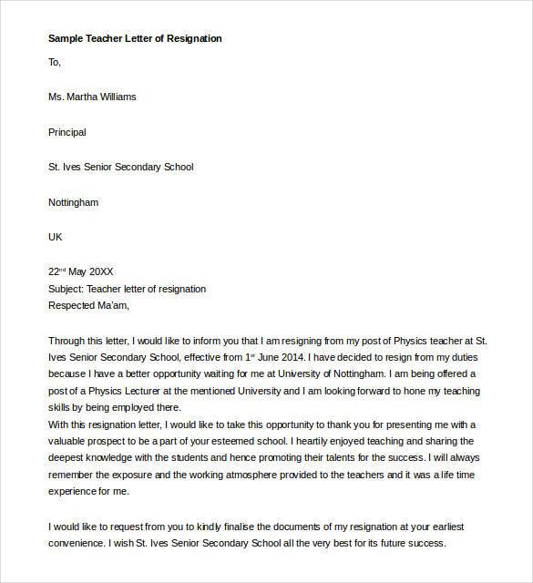 Letter Of Resignation Special Education Teacher - Sample Resignation Letter