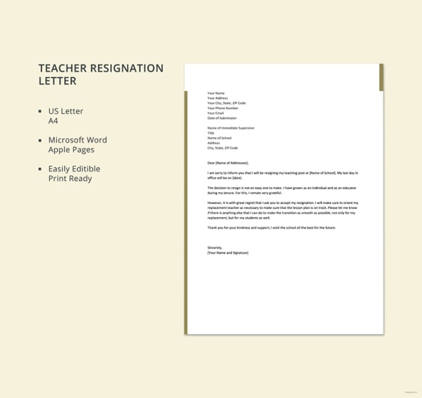 resignation letter for teacher template