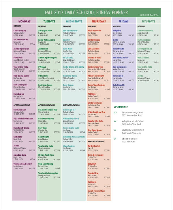 sample daily schedule fitness planner1