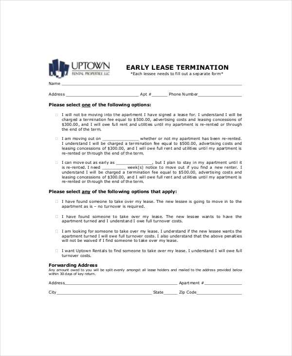 sample early lease termination template