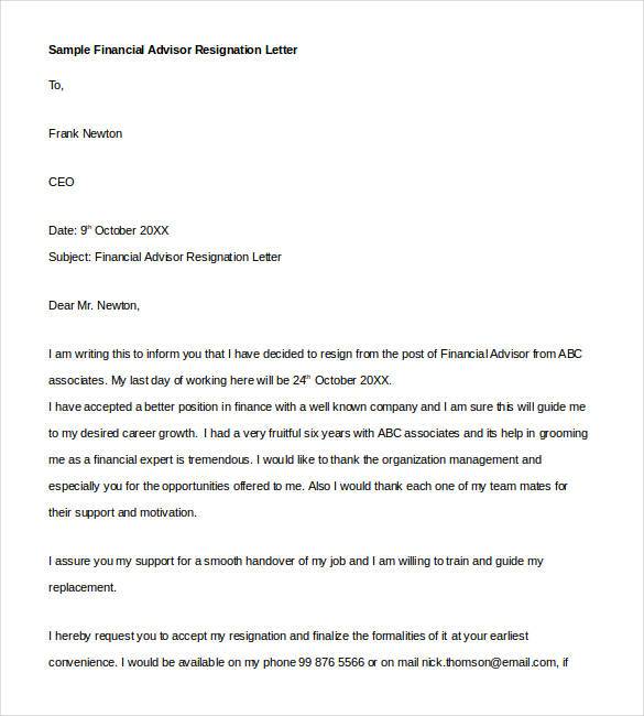 sample financial advisor resignation letter