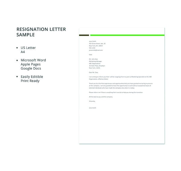 sample resignation letter template1