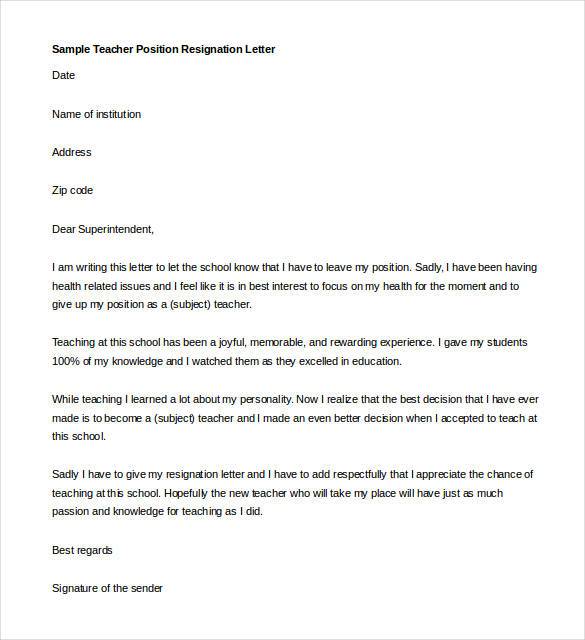 Sample Letter Of Resignation Teacher