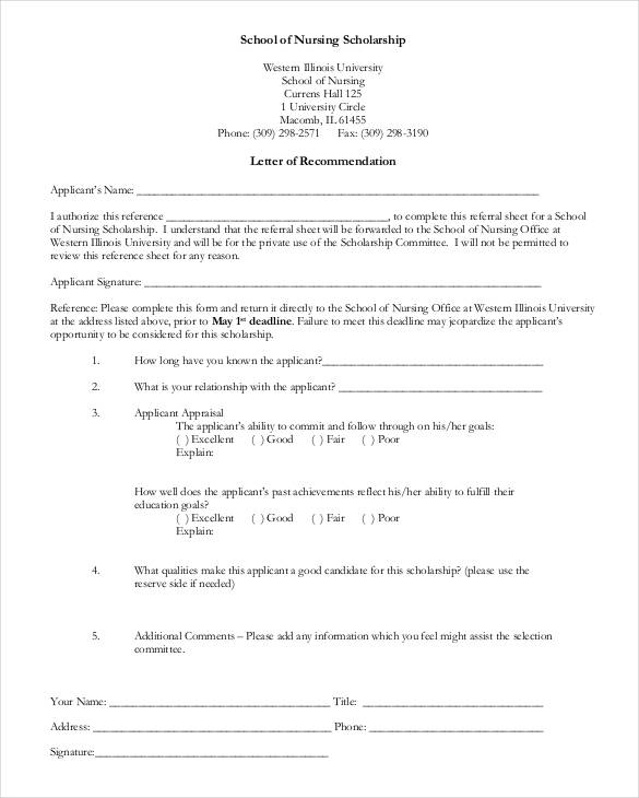 school of nursing scholarship letter of recommendation