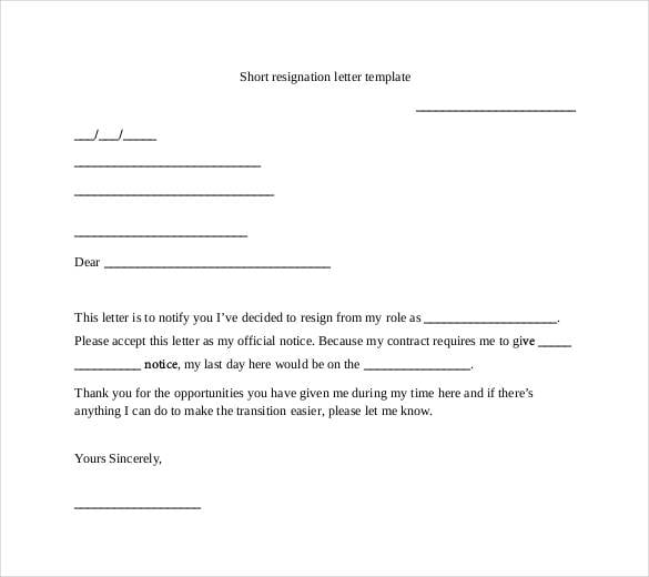 short resignation letter template