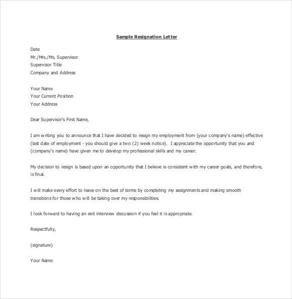 Draft Letter Of Resignation Template