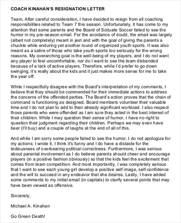 simple sports coach resignation letter
