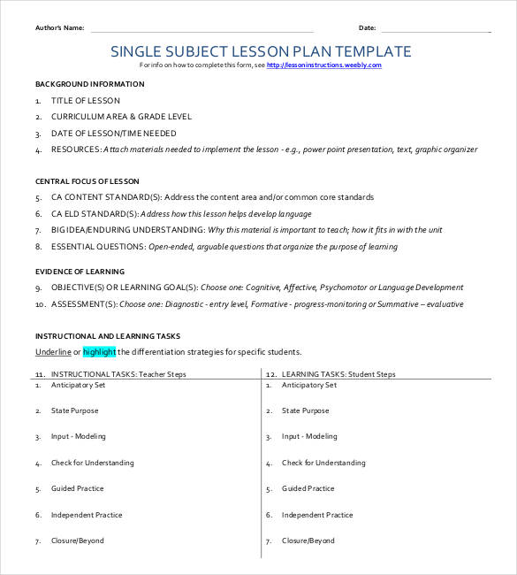 single subject lesson plan