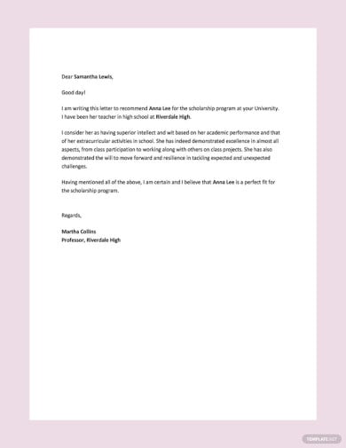 student scholarship recommendation letter template