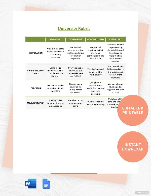 university rubric template