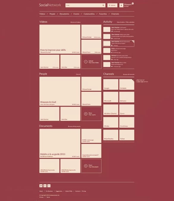 wireframe of the social network website