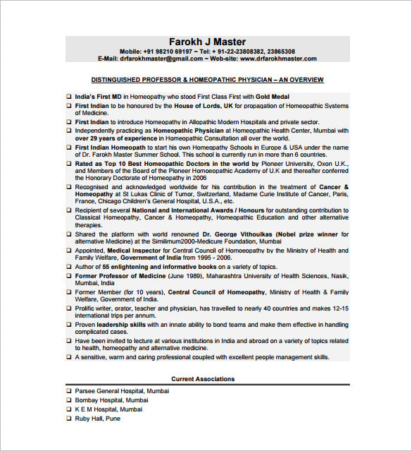 homeopathy doctor resume free pdf template