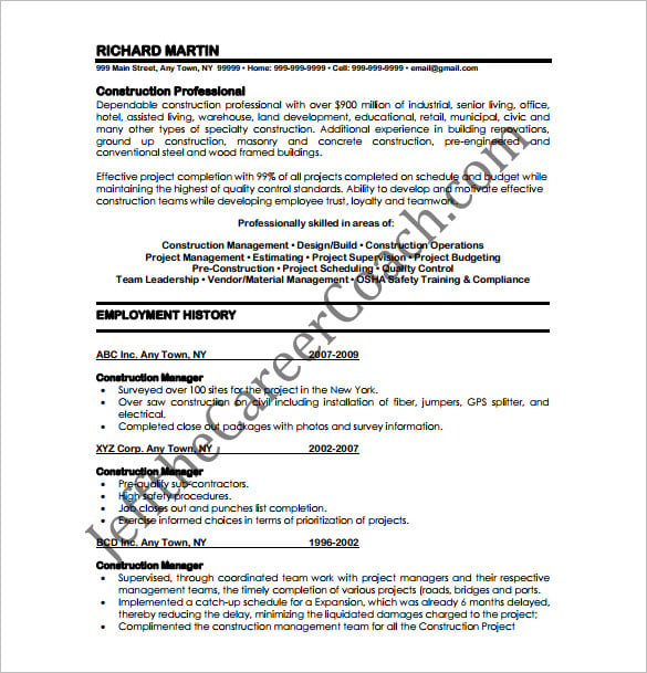 construction manager resume free pdf template