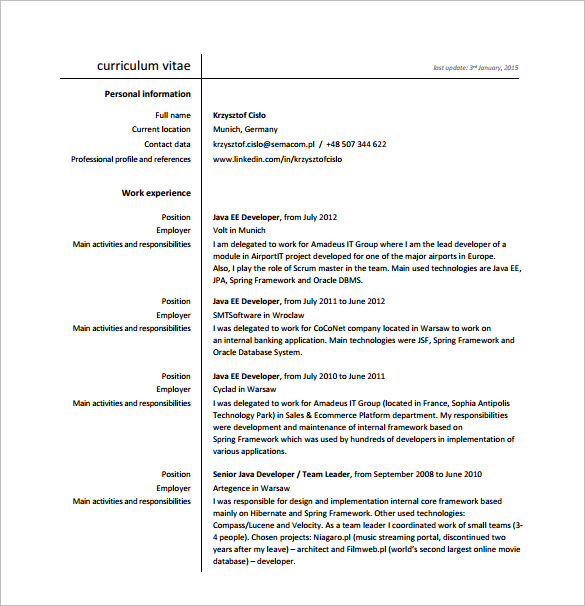 java developer resume template free download