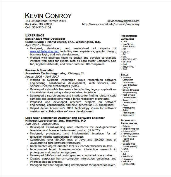 java developer resume template free download