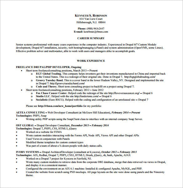 php drupal resume free pdf template