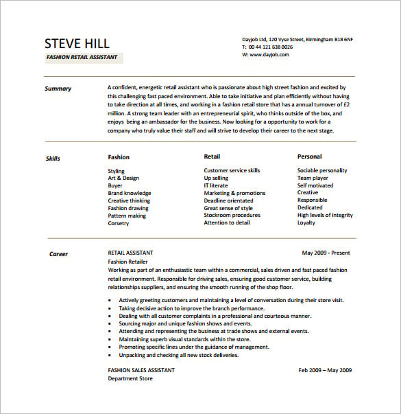 5 Retail Resume Templates DOC PDF