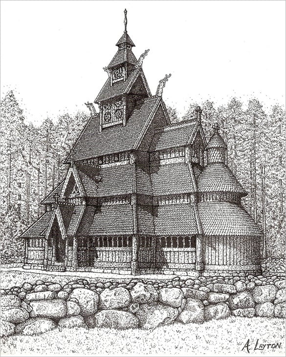 wooden-stave-church-pointillism-art