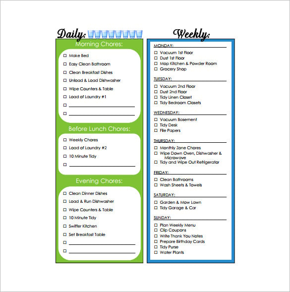 household weekly chore chart free pdf download