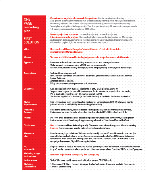 One Page Marketing Plan Template 16 Free Sample Example Format